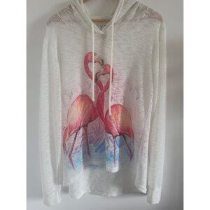 Womens Swim Coverup 2XL NWT Artful Flamingo Print White Mesh Soft Airy Comfy Hoo